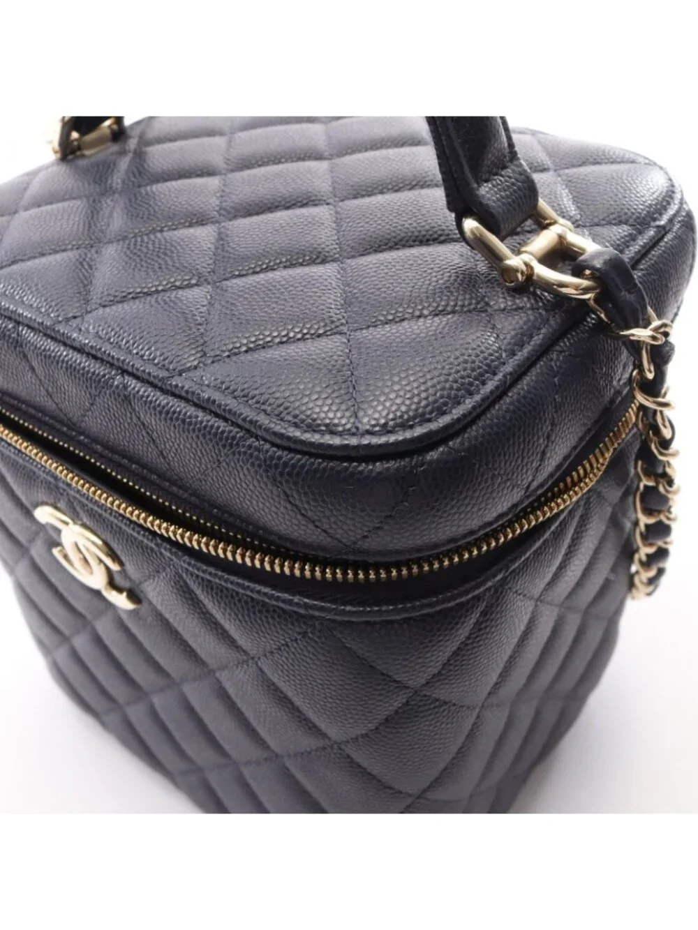 Chanel Shoulder Bag Quilted Vanity 2-Way Navy Caviar Leather Chain